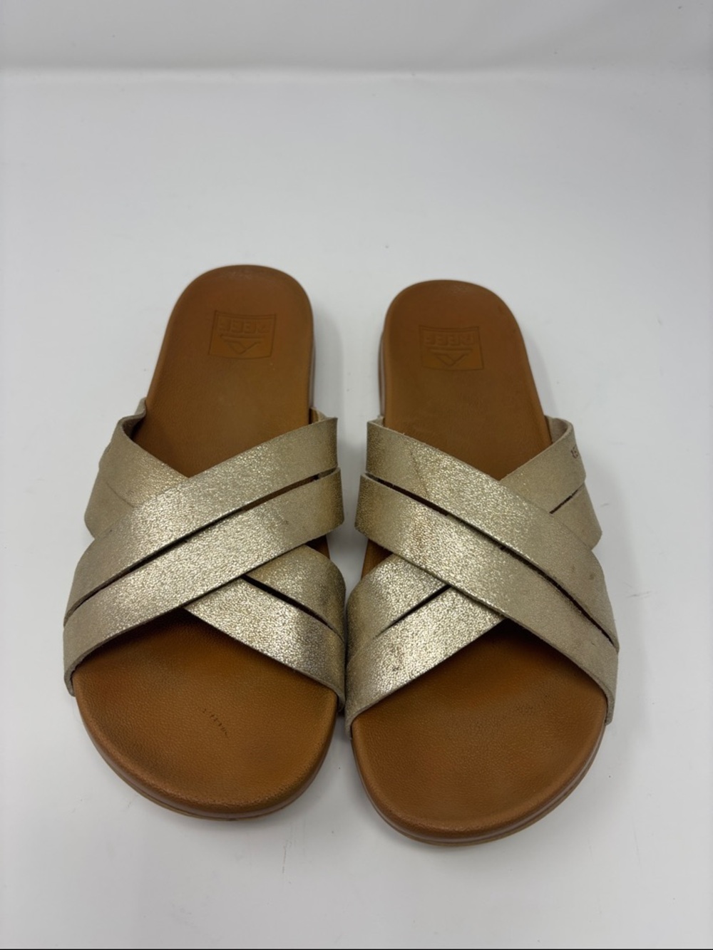 Reef Metallic Gold Crisscross Slide Sandals - Women 9